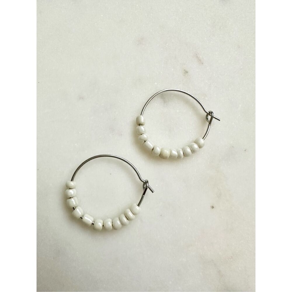 White petit beaded hoop earrings